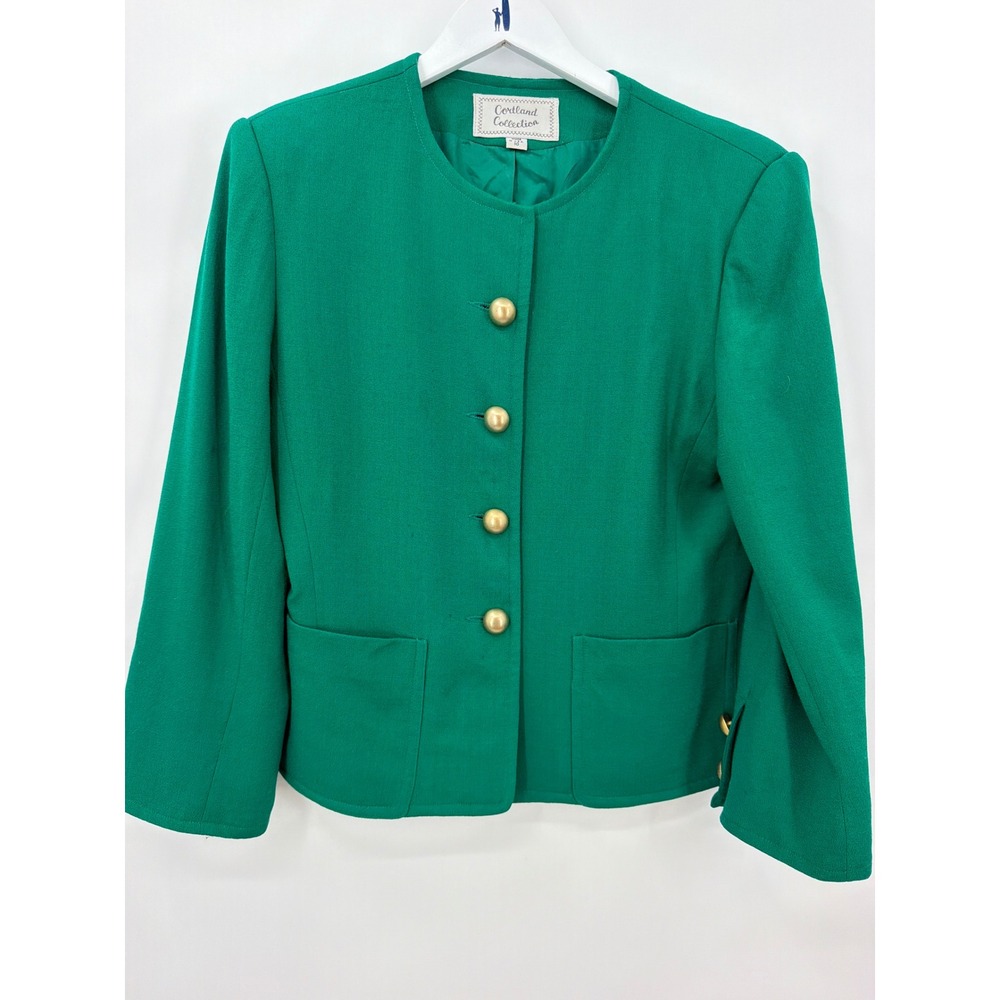 Cortland Collection Vtg Emerald Green Wool Blazer Gold Button Jacket Sz 10 USA